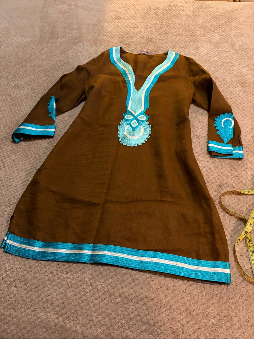 Calypso St. Barth Brown Tunic with Turquoise Embroidery
